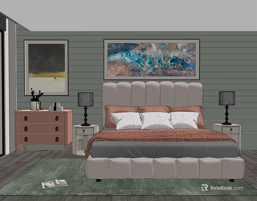 Double Bed with Beige Headboard Green Wood Wall Two Paintings White Pillows and Gray Bedspread 3d model 