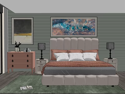 Double Bed with Beige Headboard Green Wood Wall Two Paintings White Pillows and Gray Bedspread 3d model