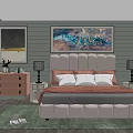 Double Bed with Beige Headboard Green Wood Wall Two Paintings White Pillows and Gray Bedspread