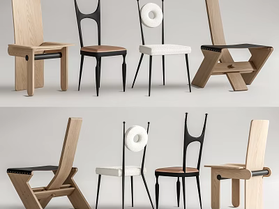 Stylish Modern Dining Chairs With Wooden Metal Frames And Natural Black White Tones 3d model