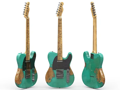 Vintage Turquoise Electric Guitars Featuring Distressed Wooden Body And Artistic Paint 3d model