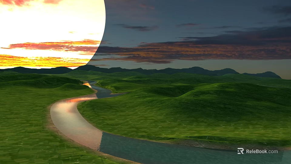 Scenic Landscape With Setting Sun Colorful Clouds Distant Mountains Green Rolling Hills And Winding River 3d model 
