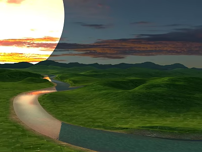 Scenic Landscape With Setting Sun Colorful Clouds Distant Mountains Green Rolling Hills And Winding River 3d model