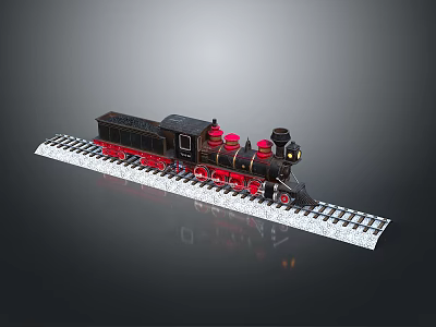 Black Model Steam Train With Red Details On Railway Track 3d model