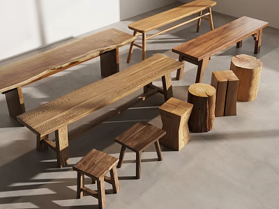 Wooden Stools And Benches In Natural Style With Simple Design And Stump Shapes 3d model