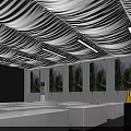 Elegant Banquet Hall Interior With Wavy White Ceiling Long Pendant Lights And Landscape Paintings