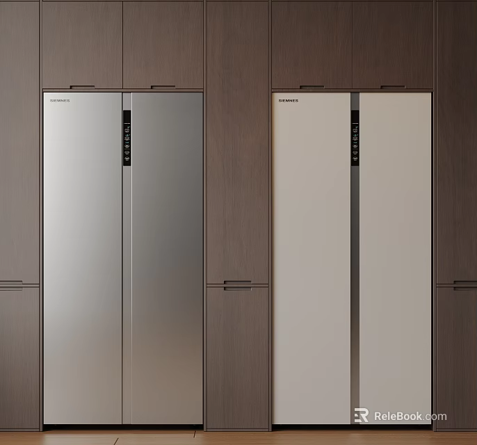 Built in Silver and Off White Refrigerators Installed in Dark Wooden Kitchen Cabinets 3d model 