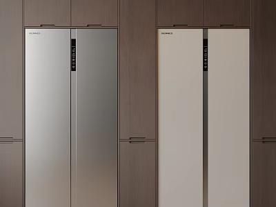 Built in Silver and Off White Refrigerators Installed in Dark Wooden Kitchen Cabinets 3d model
