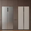 Built in Silver and Off White Refrigerators Installed in Dark Wooden Kitchen Cabinets