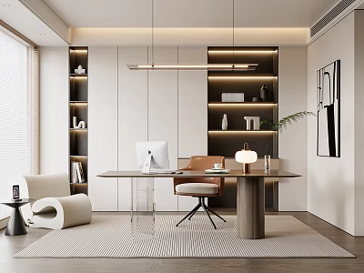 Modern Home Office Interior With Wooden Desk Computer Lit Shelves Leather Chair And Wall Art 3d model
