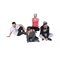 Group of four people casually sitting on gray floor smiling and relaxing