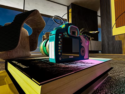Teal And Pink Digital Camera Placed On Black Book In Modern Interior Room 3d model