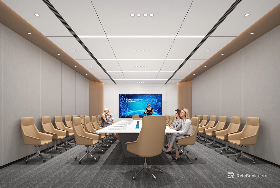Modern Conference Room Interior With White Table Beige Chairs Large Screen And People Discussing 3d model 