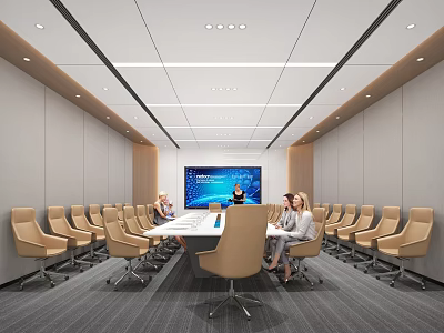 Modern Conference Room Interior With White Table Beige Chairs Large Screen And People Discussing 3d model