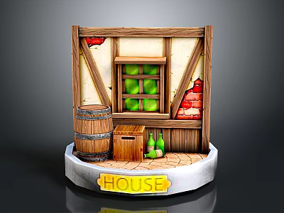 Miniature House Scene Setup With Broken Wall Wooden Barrel Crate Green Bottles Window And Apples 3d model