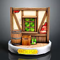 Miniature House Scene Setup With Broken Wall Wooden Barrel Crate Green Bottles Window And Apples