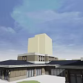 Modern Hotel Building Exterior With Grey Facade Surrounding Trees And Urban Skyline