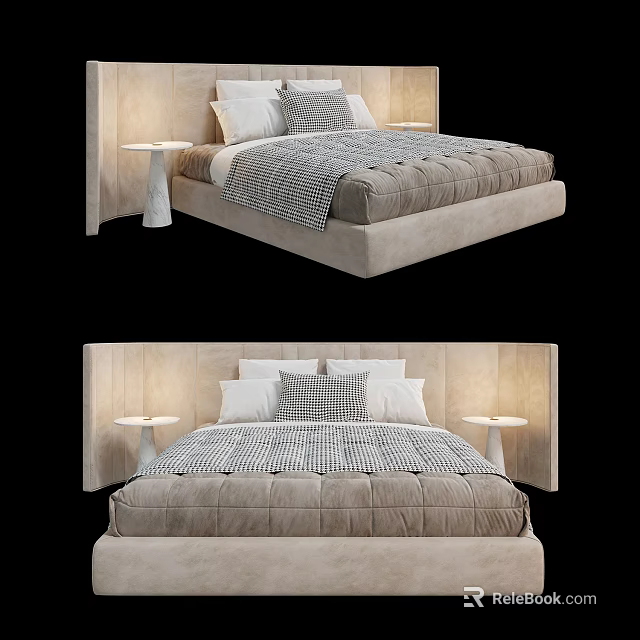 Modern Double Bed With Upholstered Headboard Plush Bedding And Bedside Lamps 3d model 