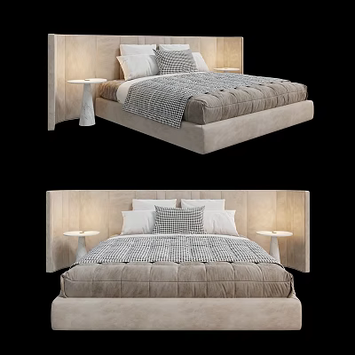 Modern Double Bed With Upholstered Headboard Plush Bedding And Bedside Lamps 3d model