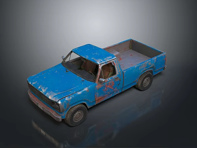 Worn Blue Pickup Truck with Rusty Body and Open Bed on Reflective Surface 3d model