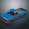 Worn Blue Pickup Truck with Rusty Body and Open Bed on Reflective Surface
