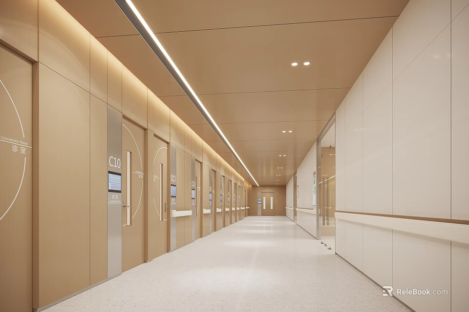 Spacious Hospital Outpatient Clinic Corridor With Modern Design Bright Lighting Elevators And Clean Flooring 3d model 