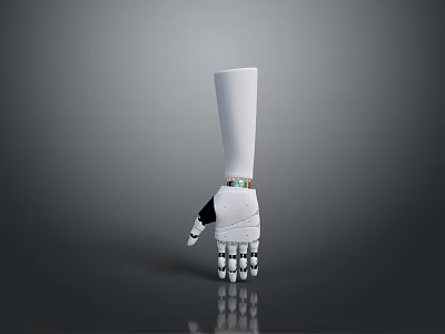White Robotic Mechanical Arm With Detailed Joints Colorful Wrist Band And Reflective Surface 3d model