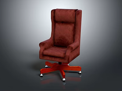 Brown Upholstered Swivel Chair with High Back Armrests and Wooden Base on Wheels 3d model