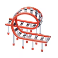 Playground Equipment Design With Red Circular Ring Long Platform Gray Supports And Red Pillars