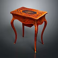 Antique Wooden Dining Table With Ornate Carved Inlay And Curved Legs