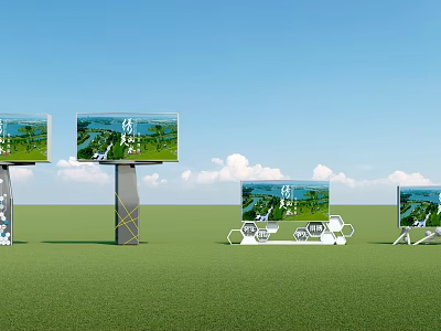 Multiple Outdoor Billboards Displaying Scenic Images on Green Grass With Blue Sky 3d model
