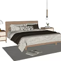 Neutral Tones Modern Double Bed With Wooden Headboard Linen Bedding Nightstand And Pendant Light