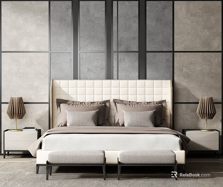 Double Bed in Background with Grey Wall Upholstered Headboard Plush Pillows Nightstands and Table Lamps 3d model 