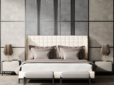 Double Bed in Background with Grey Wall Upholstered Headboard Plush Pillows Nightstands and Table Lamps 3d model