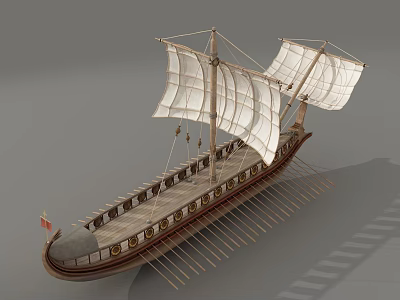 Ancient Wooden Ship With White Sails Rowing Oars And Traditional Hull Design 3d model