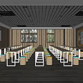 School Cafeteria Interior With Wooden Walls Long Tables Stools And Windows 3d model