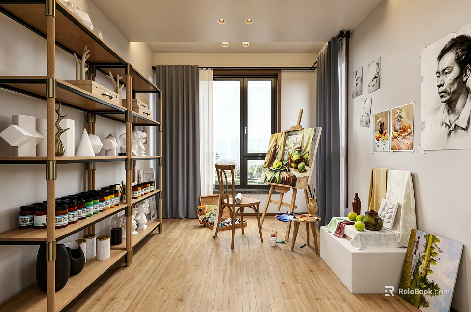 Artistic Room With Wooden Shelves White Vases Easel Paintings Fruits And Wooden Floor 3d model 