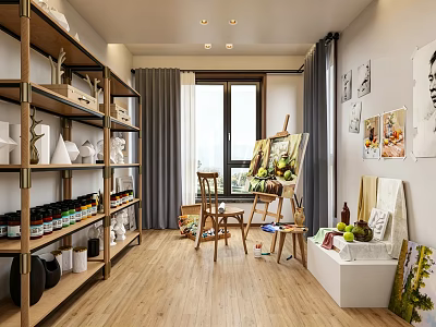 Artistic Room With Wooden Shelves White Vases Easel Paintings Fruits And Wooden Floor 3d model