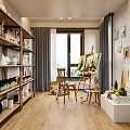 Artistic Room With Wooden Shelves White Vases Easel Paintings Fruits And Wooden Floor