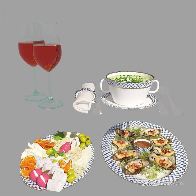 Delicious Seafood Platter with Oysters Fresh Salad and Soup Served with Red Wine Glasses 3d model 