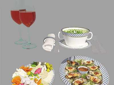 Delicious Seafood Platter with Oysters Fresh Salad and Soup Served with Red Wine Glasses 3d model