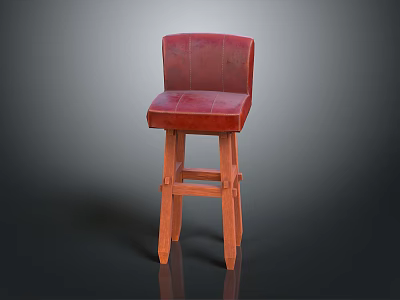 Stylish Red Leather Bar Stool With Wooden Legs And Comfortable Backrest 3d model