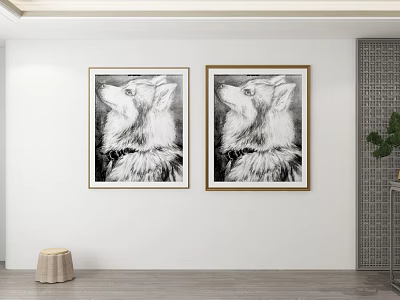 Two Framed Black and White Dog Animal Paintings Hanging on White Wall 3d model