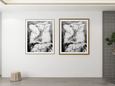 Two Framed Black and White Dog Animal Paintings Hanging on White Wall 3d model Two Framed Black and White Dog Animal Paintings Hanging on White Wall 3d model