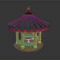 Traditional Chinese Circular Pavilion With Green Tiled Roof And Red Pillars On Stone Base