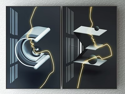 Modern Abstract Wall Art With Geometric Shapes And Yellow Lines On Black Background 3d model