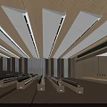 Spacious Conference Room With Wooden Linear Ceiling Rows of Seats Large Windows Stage Area