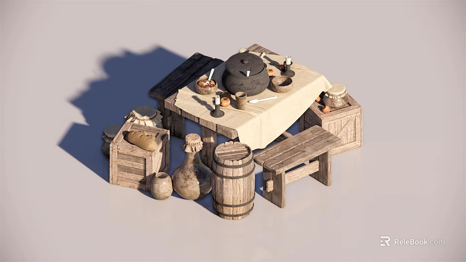 Rustic Dining Table Set with Bench Wooden Barrel Crates and Tableware 3d model