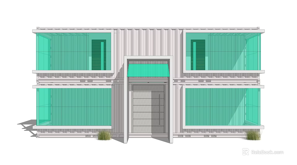Modern Stacked Container Building Exterior With Green Glass Windows And Front Door 3d model 