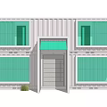 Modern Stacked Container Building Exterior With Green Glass Windows And Front Door